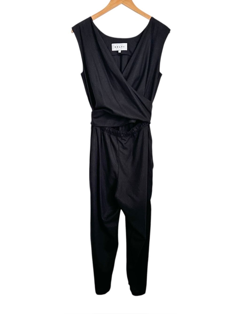 Selfi Womens Linen Sleeveless Wrap Jumpsuit Sz Small Black V Neck Elastic Waist